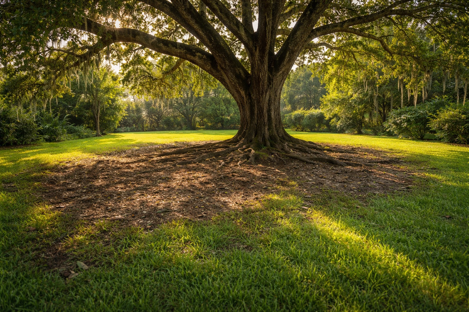 Oak tree with patchy lawn underneath