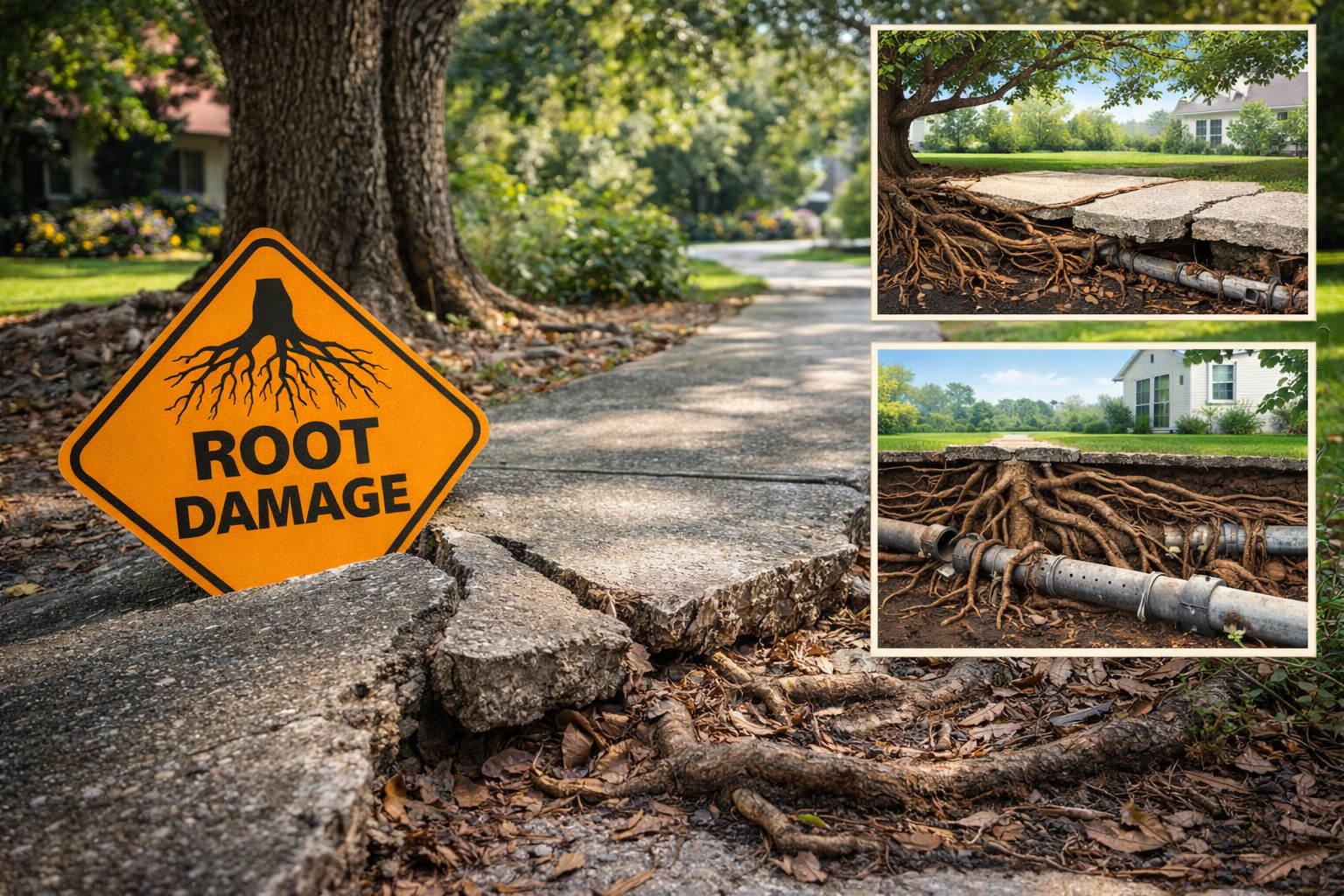 Tampa oak tree with surface roots pushing up sidewalk